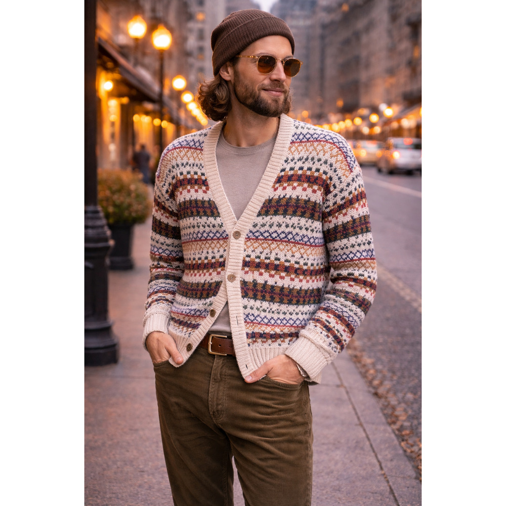 Vintage 70s Multicolor Men's Cardigan Sweater Timber Trail Dark Academia L